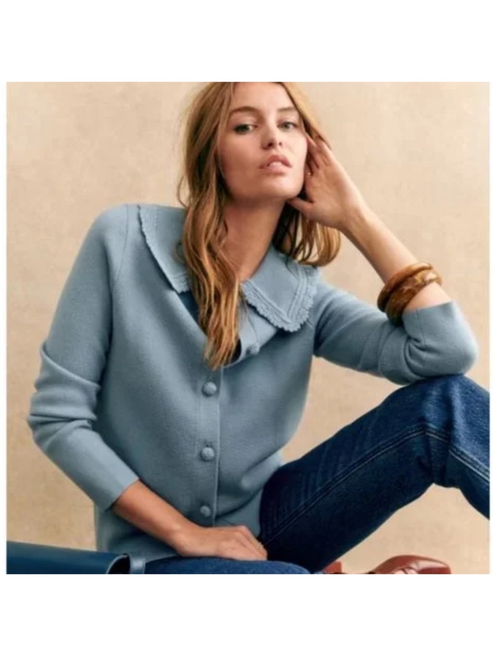 Sezane Bettany Cardigan Vintage Blue Merino Wool Lace Collar XS S23IJUP015E - Picture 3 of 8